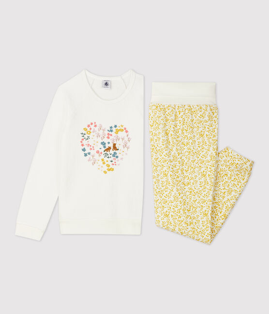Pyjama fleuri petite fille en bouclette éponge grattée jaune OCRE/blanc MARSHMALLOW