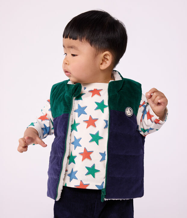 Doudoune b&eacute;b&eacute; sans manches en velours r&eacute;versible sherpa bleu/multicouleur
