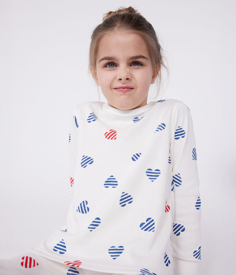 Pyjama enfant en coton manches longues imprim&eacute; c&oelig;urs blanc MARSHMALLOW/blanc MULTICO