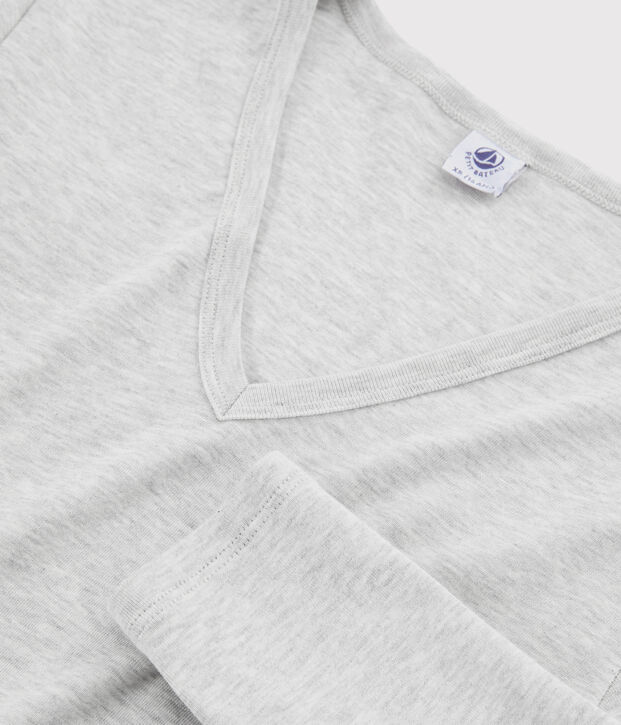 T-shirt col V iconique en coton Femme gris chin&eacute; clair