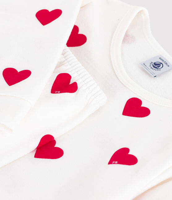 Pyjama enfant en molleton imprimé cœurs blanc MARSHMALLOW/rouge TERKUIT