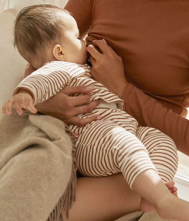 Ensemble 2 pi&egrave;ces b&eacute;b&eacute; &agrave; rayures en tubique en coton &eacute;cru/marron/&eacute;cru