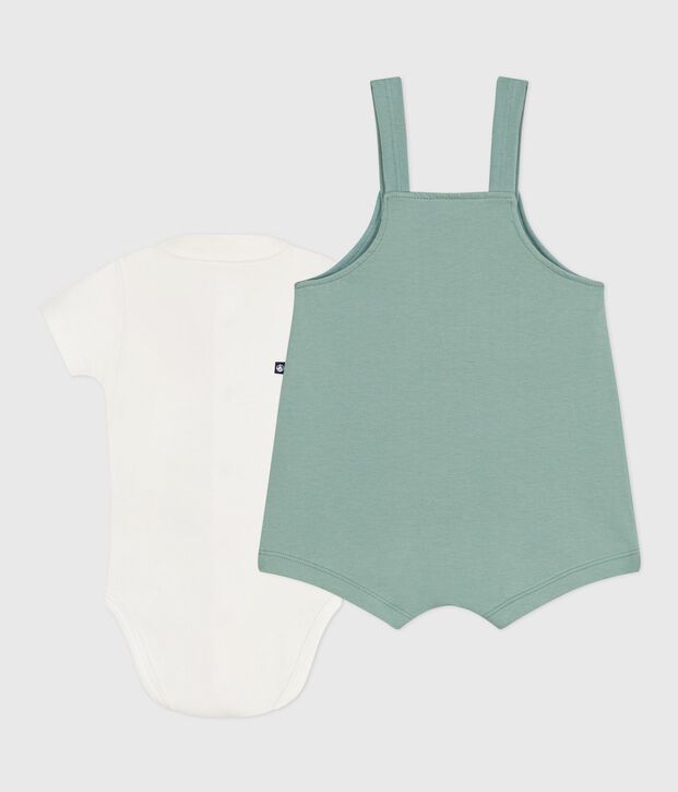 Ensemble naissance salopette et body brod&eacute; en coton uni vert
