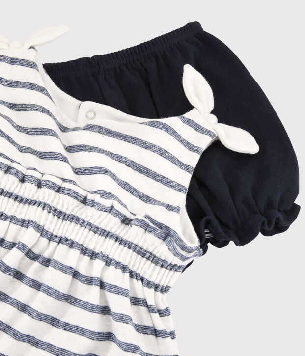 Ensemble blouse + bloomer en coton/lin b&eacute;b&eacute; fille blanc/bleu