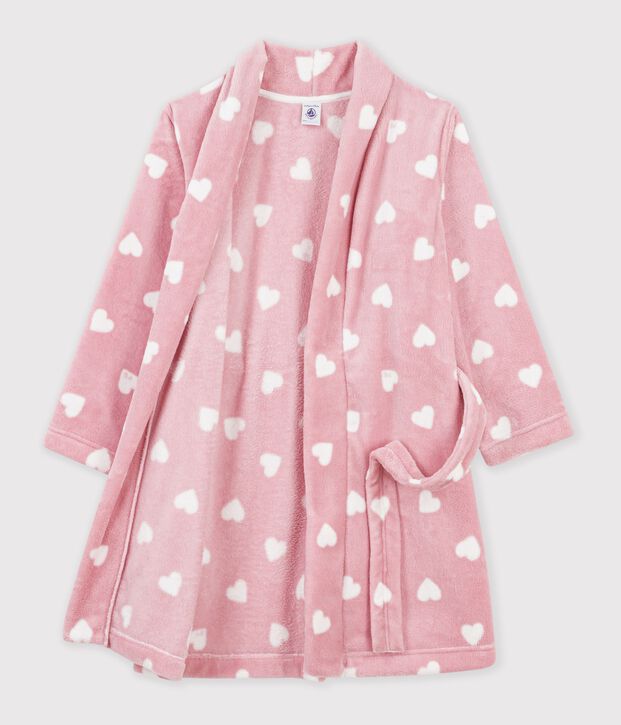 Robe de chambre enfant en polaire imprim&eacute;e rose/blanc