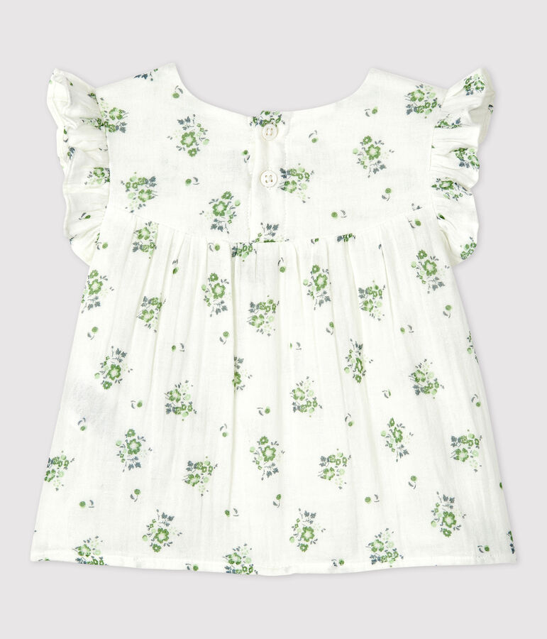 Blouse manches courtes imprim&eacute; fleuri en gaze de coton bio b&eacute;b&eacute; blanc MARSHMALLOW/blanc MULTICO