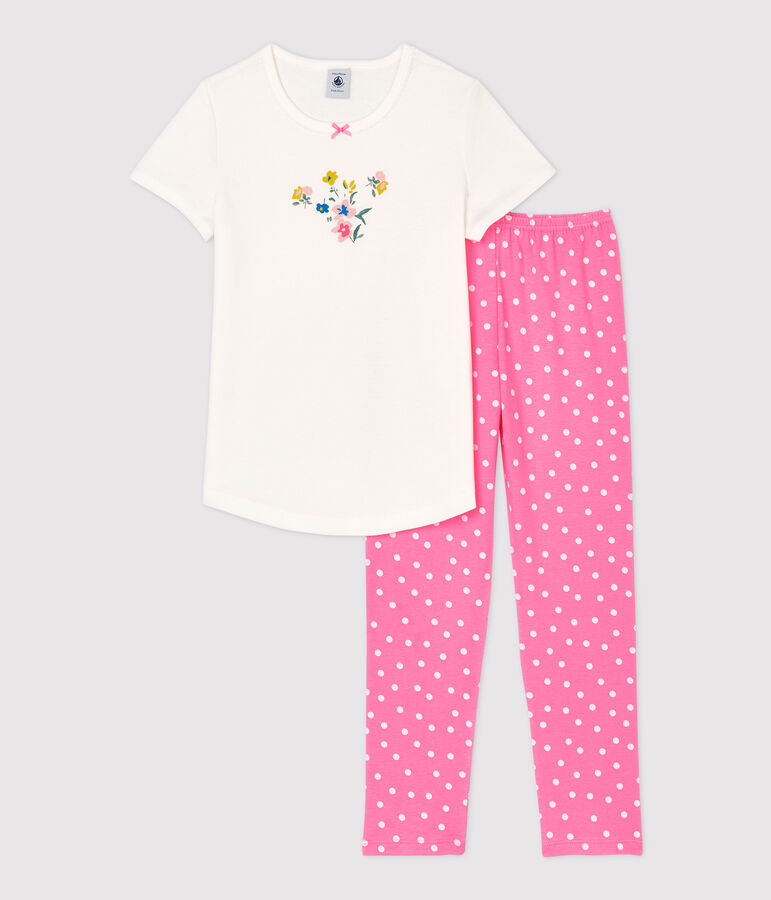 Pyjama &agrave; manches courtes petite fille en coton rose PETAL/blanc MARSHMALLOW