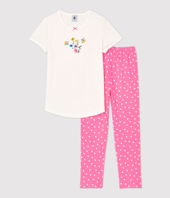 Pyjama à manches courtes petite fille en coton rose PETAL/blanc MARSHMALLOW