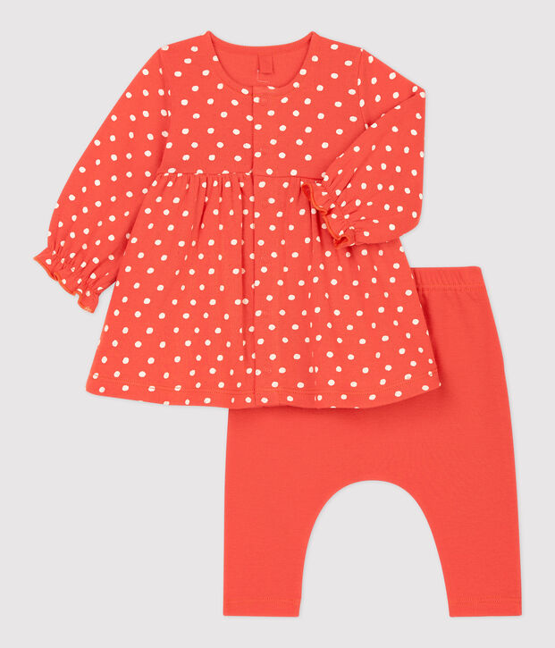 Robe legging &agrave; pois b&eacute;b&eacute; fille en coton biologique orange/blanc