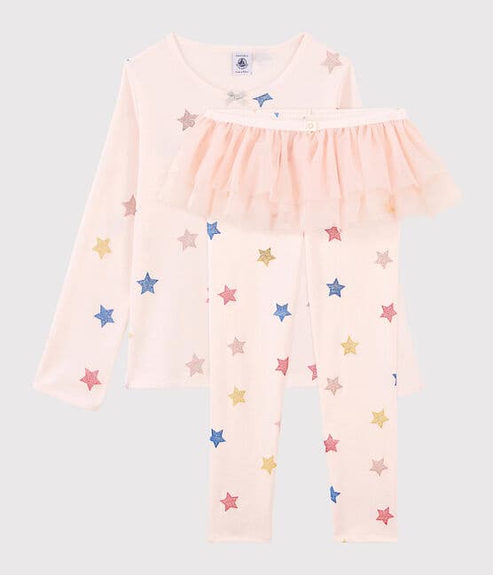 Pyjama déguisement danseusee petite fille en côte rose FLEUR/blanc MULTICO