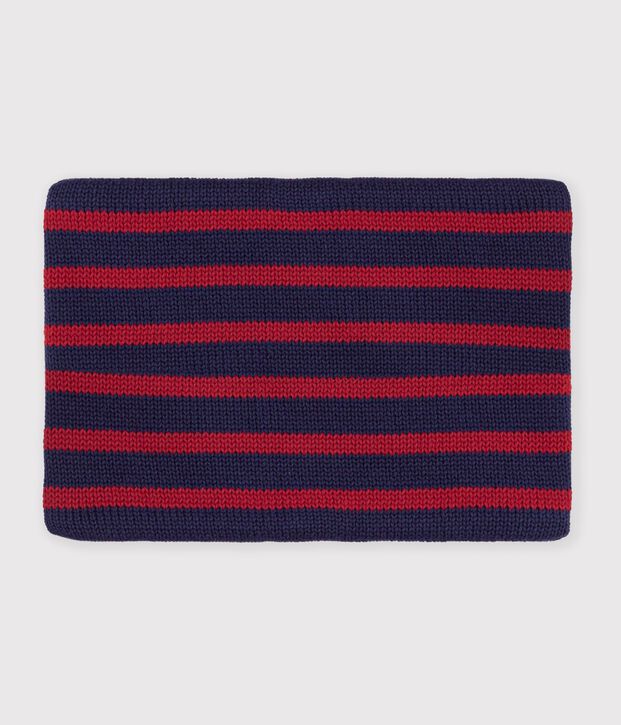 Snood enfant en tricot &agrave; rayures doubl&eacute; polaire bleu/rouge