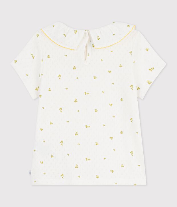 Tee-shirt enfant manches courtes en coton imprim&eacute; fleurs blanc/vert