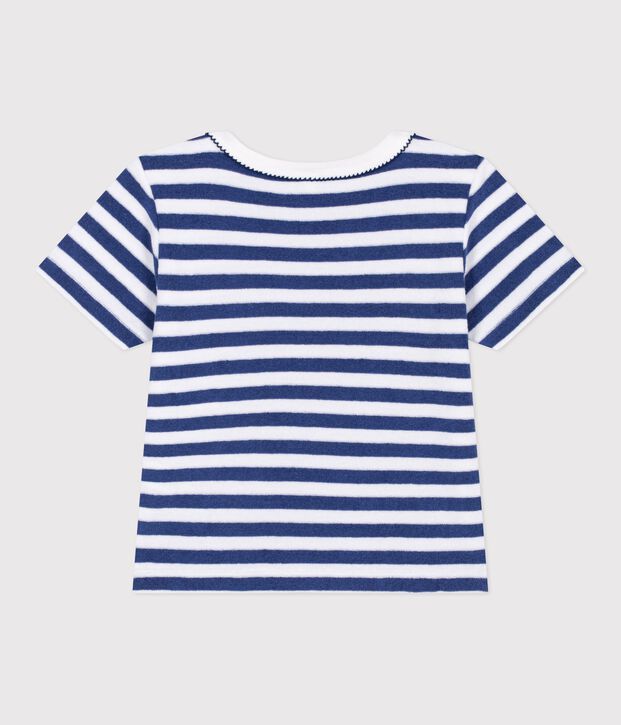 Tee-shirt enfant manches courtes en coton &agrave; rayures bleu/blanc