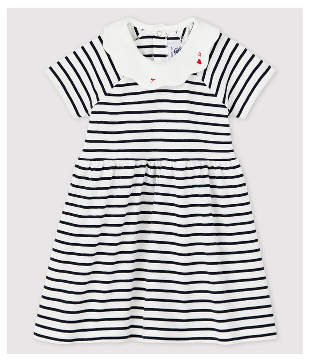Robe manches courtes en c&ocirc;te ray&eacute; b&eacute;b&eacute; fille blanc/bleu