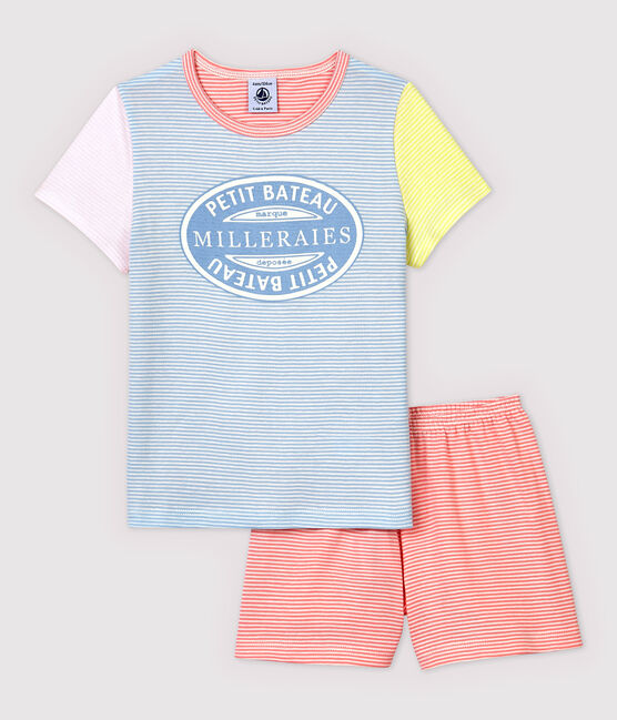 Pyjacourt milleraies colorés petite fille en coton bleu JASMIN/blanc MULTICO