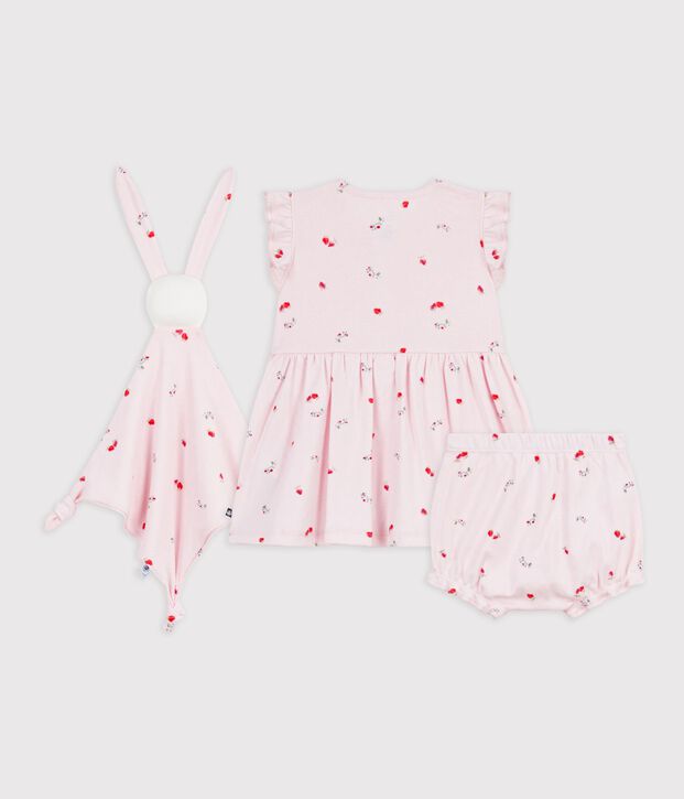 Ensemble cadeau b&eacute;b&eacute; robe et doudou en coton imprim&eacute;s fleurs rose/multicouleur