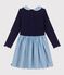 Robe enfant manches longues bi-mati&egrave;re en coton bleu