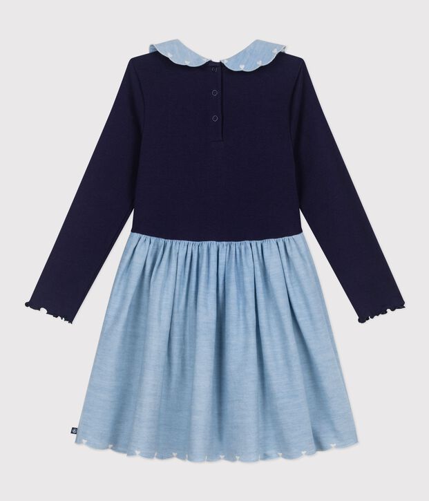 Robe enfant manches longues bi-mati&egrave;re en coton bleu marine