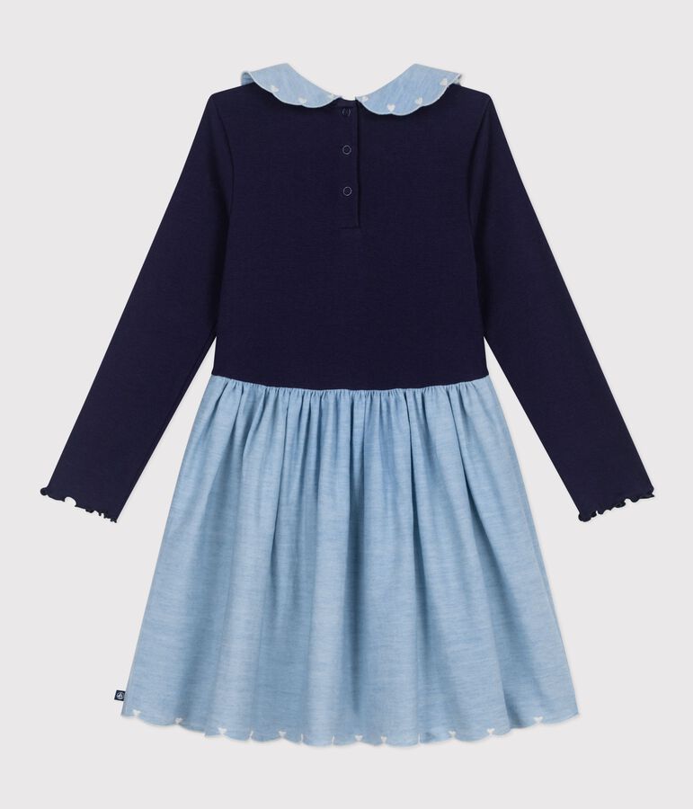 Robe enfant manches longues bi-mati&egrave;re en coton bleu