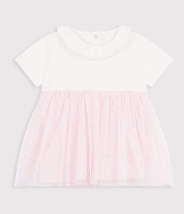 Robe b&eacute;b&eacute; bi-mati&egrave;re manches courtes rose/rose