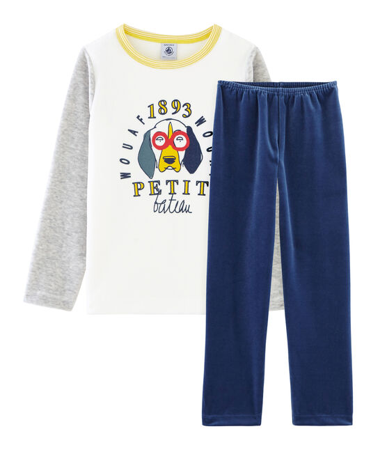 Pyjama petit garçon en velours bleu MEDIEVAL/gris POUSSIERE/ MULTICO