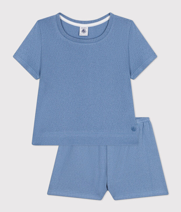 Pyjacourt uni en coton ajour&eacute; petite fille bleu