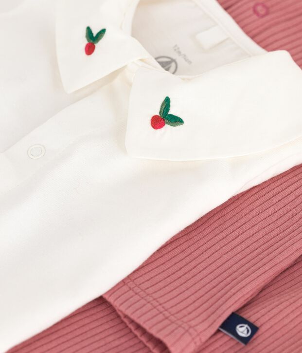 Ensemble naissance trois pi&egrave;ces en coton et t-shirt &agrave; col brod&eacute; rose/multicouleur