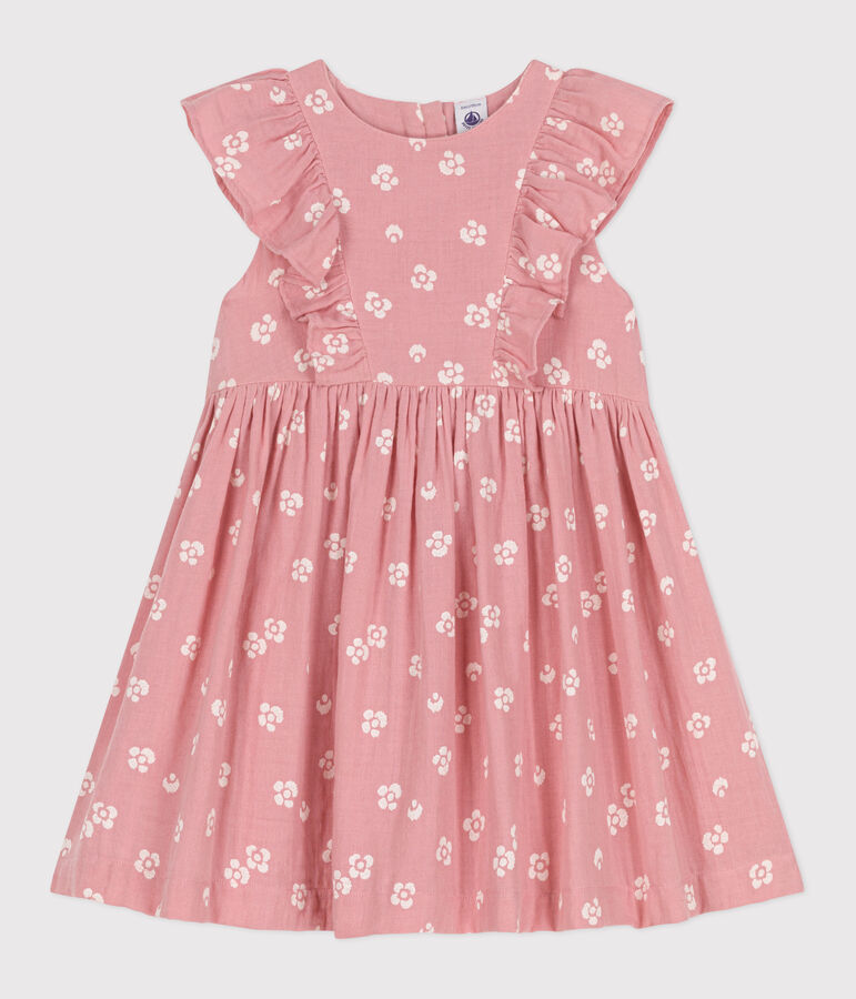 Robe sans manches enfant en coton fleurie rose/blanc