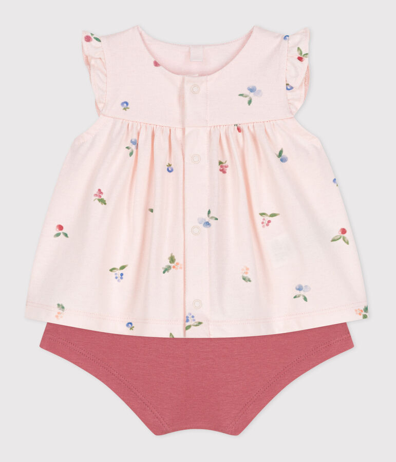 Ensemble naissance deux pi&egrave;ces en coton avec blouse volant&eacute; rose FLEUR/blanc MULTICO