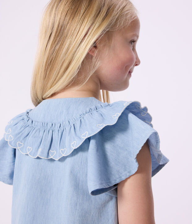 Blouse enfant en coton manches courtes unie bleu