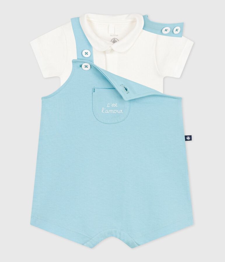 Ensemble naissance salopette et body en coton bleu AQUATIC
