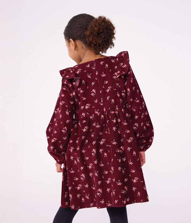 Robe enfant en velours manches longues &agrave; fleurs rouge/multicouleur