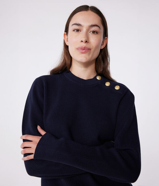 Pull marin femme en coton uni bleu