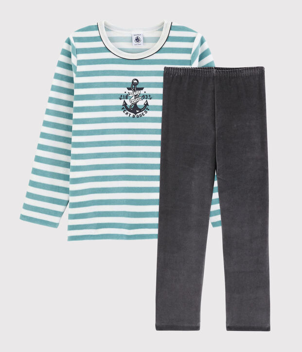 Pyjama ancre petit gar&ccedil;on en velours blanc/bleu/multicouleur