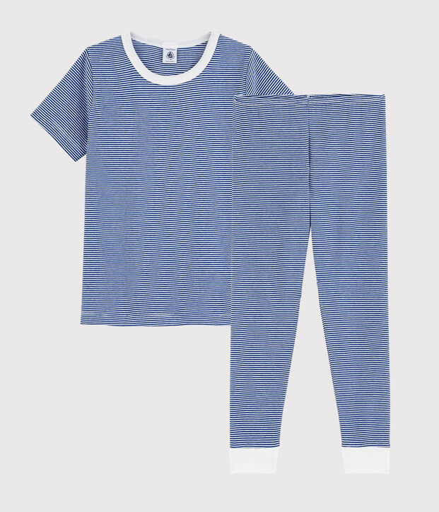 Pyjama milleraies bleu petit gar&ccedil;on en coton bleu/blanc