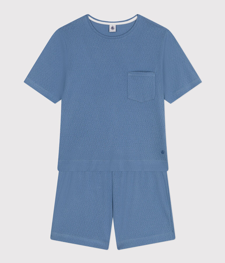 Pyjama short et tee-shirt uni en coton ajour&eacute; femme bleu BEACH