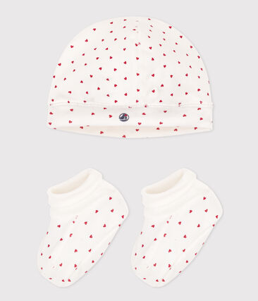 Lot de bonnet et chausson bébé en coton cœurs