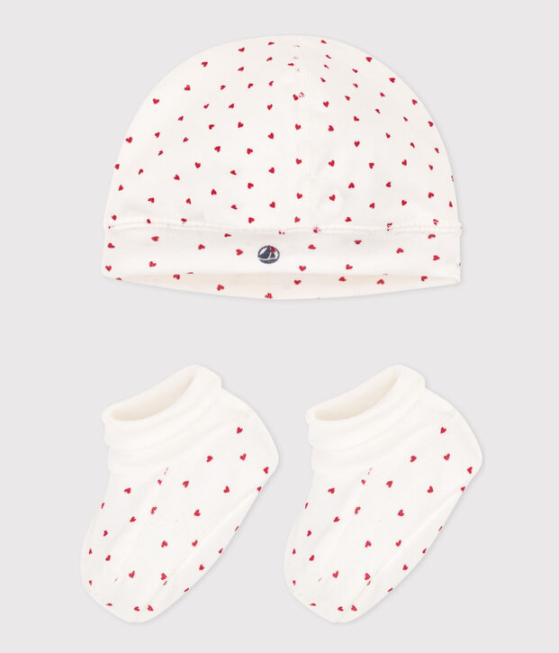 Lot de bonnet et chausson bébé mixte en coton imprimé petits coeurs