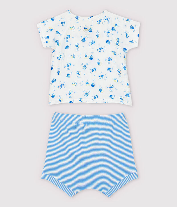 Ensemble 2 pi&egrave;ces bleu b&eacute;b&eacute; en tissu couche et coton biologique blanc/multicouleur