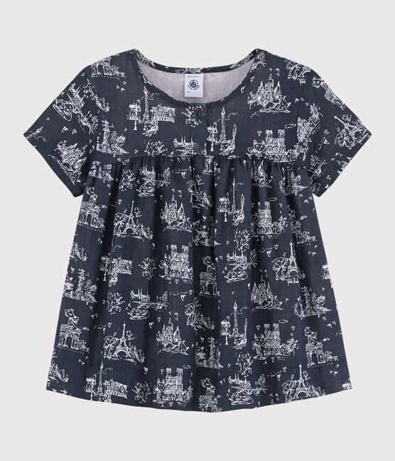 Blouse manches courtes en tubique enfant fille bleu SMOKING/blanc ECUME