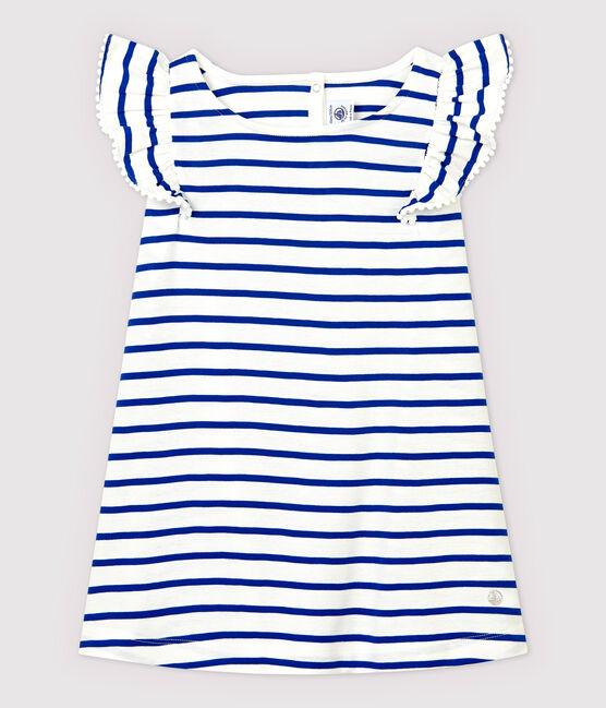 Robe manches courtes en coton enfant fille blanc MARSHMALLOW/bleu SURF