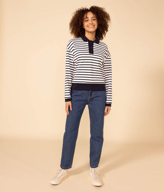 Marinière polo en coton Femme blanc MARSHMALLOW/bleu SMOKING