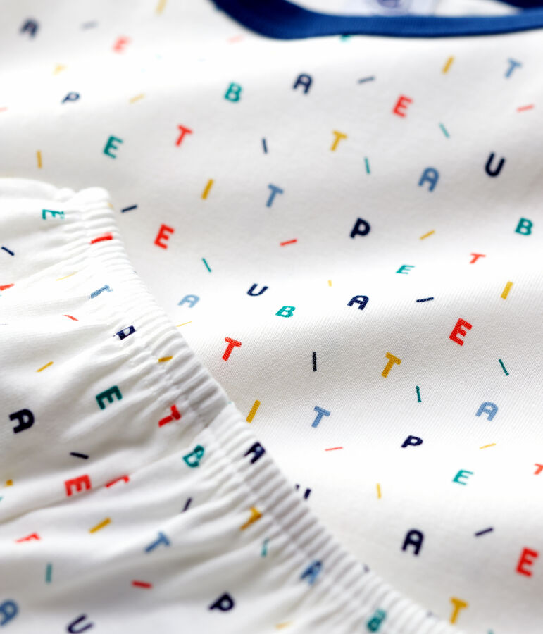 Pyjama &agrave; manches courtes imprim&eacute; lettres multicolores petit gar&ccedil;on en coton biologique blanc MARSHMALLOW/blanc MULTICO
