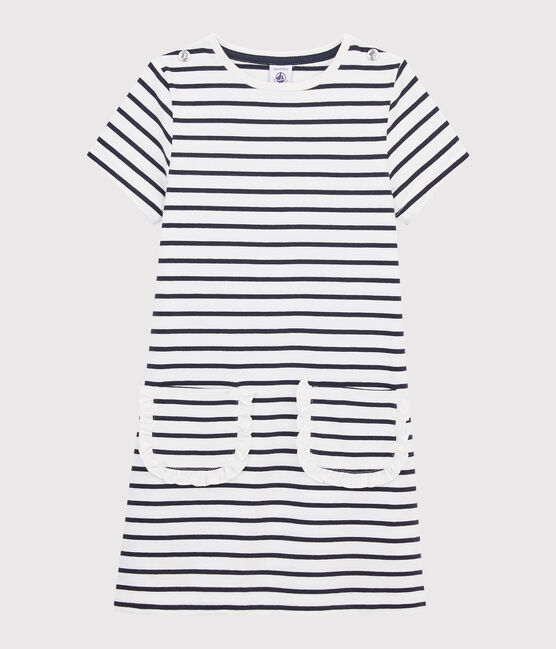Robe manches courtes enfant fille blanc MARSHMALLOW/bleu SMOKING