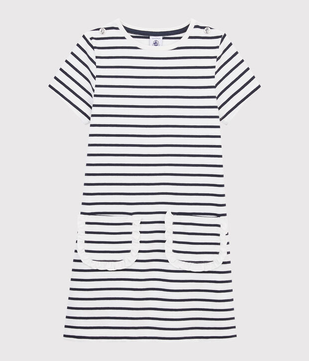 Robe manches courtes enfant fille blanc/bleu