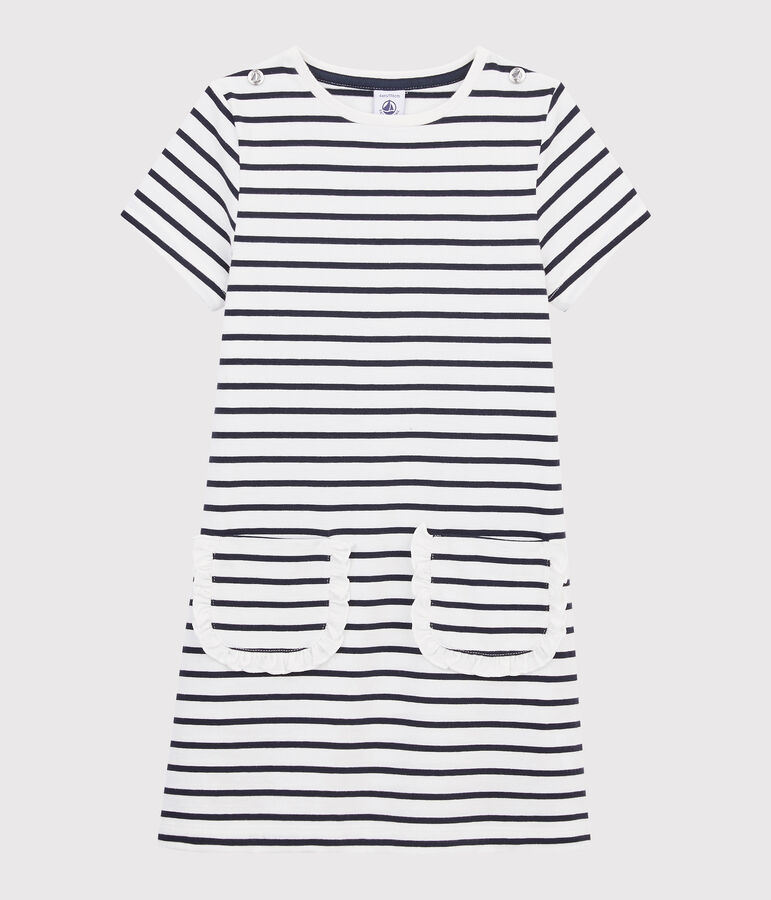 Robe manches courtes enfant fille blanc/bleu
