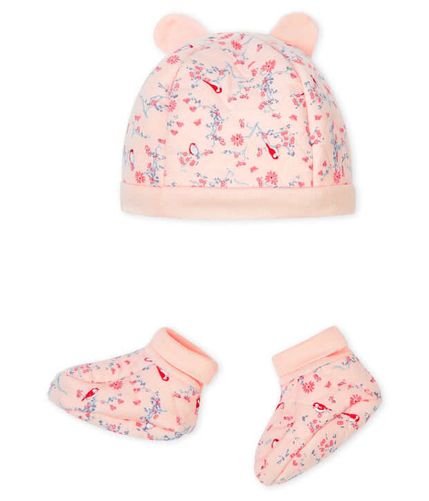 Lot bonnet naissance et chaussons b&eacute;b&eacute; en tubique rose/multicouleur