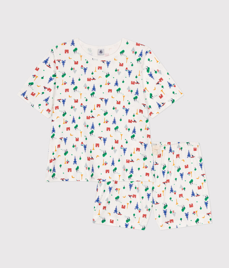 Pyjama short et tee-shirt en coton motif Paris femme blanc MARSHMALLOW/bleu MEDIEVAL/ MULTICO