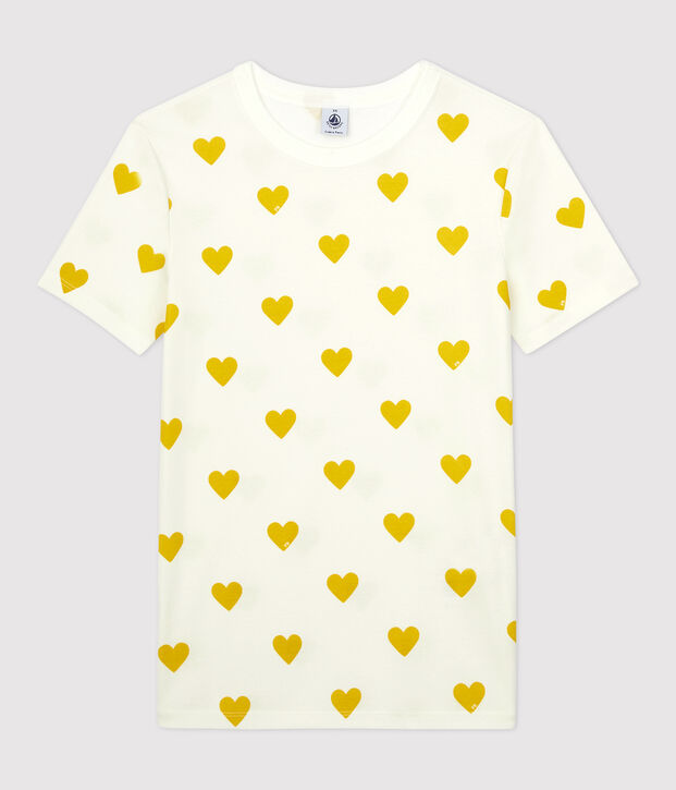 T-shirt col rond &agrave; coeurs en coton  Femme blanc/jaune