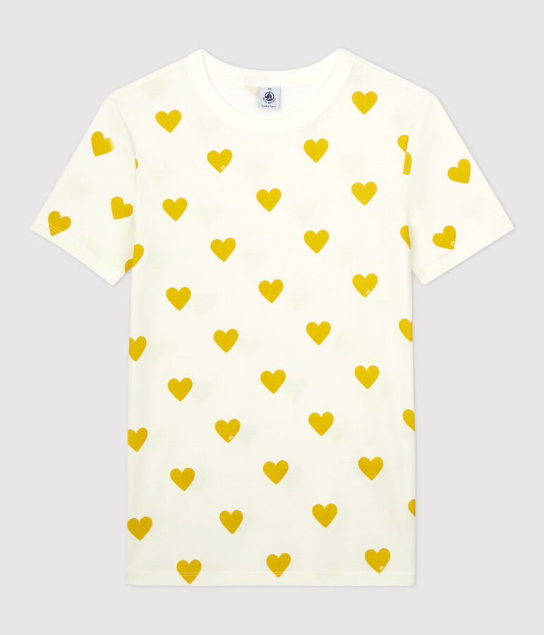 T-shirt col rond &agrave; coeurs en coton  Femme blanc MARSHMALLOW/jaune OCRE